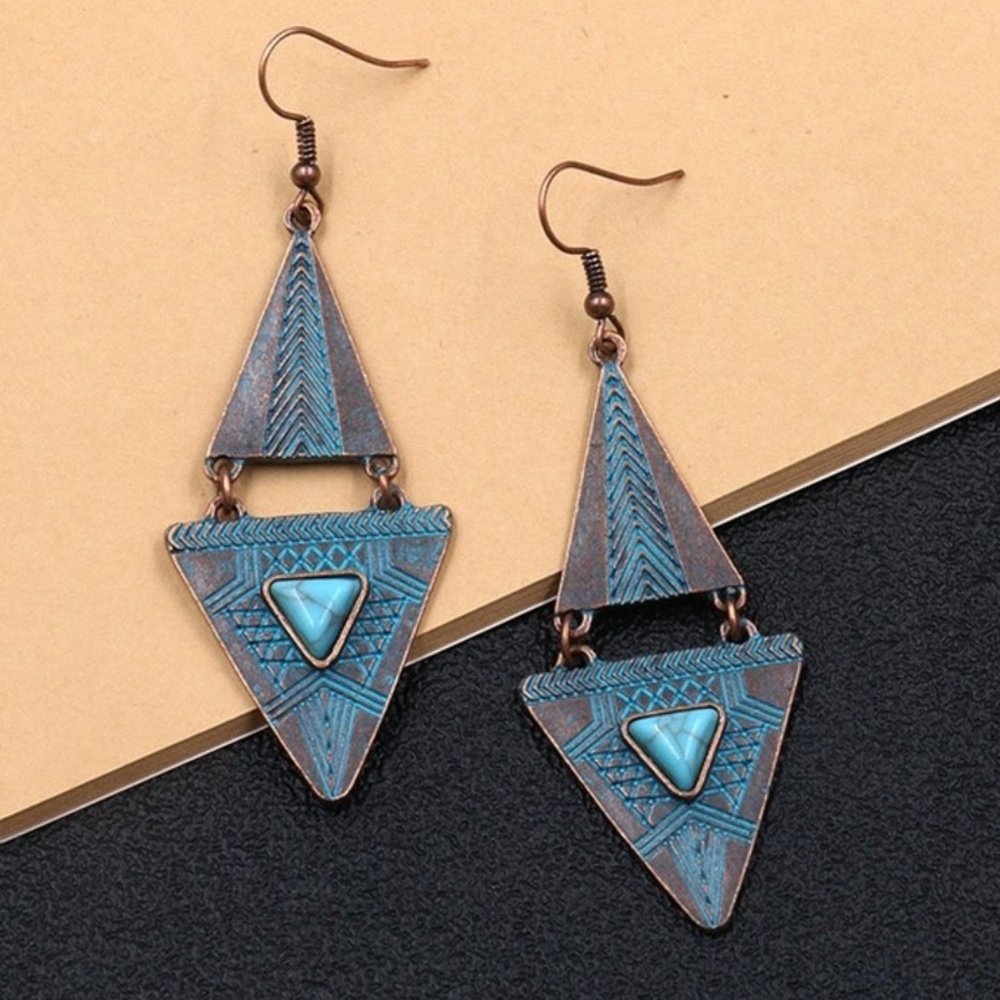 Boho bronze triangle turquoise Dangle Earrings - Picture 2 of 5